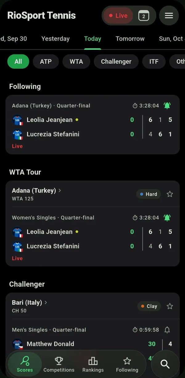 RioSport Tennis live scores