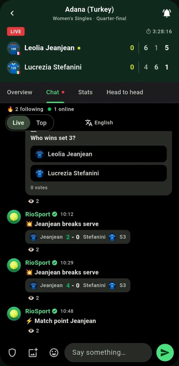 A live match: sets, game score and point by point